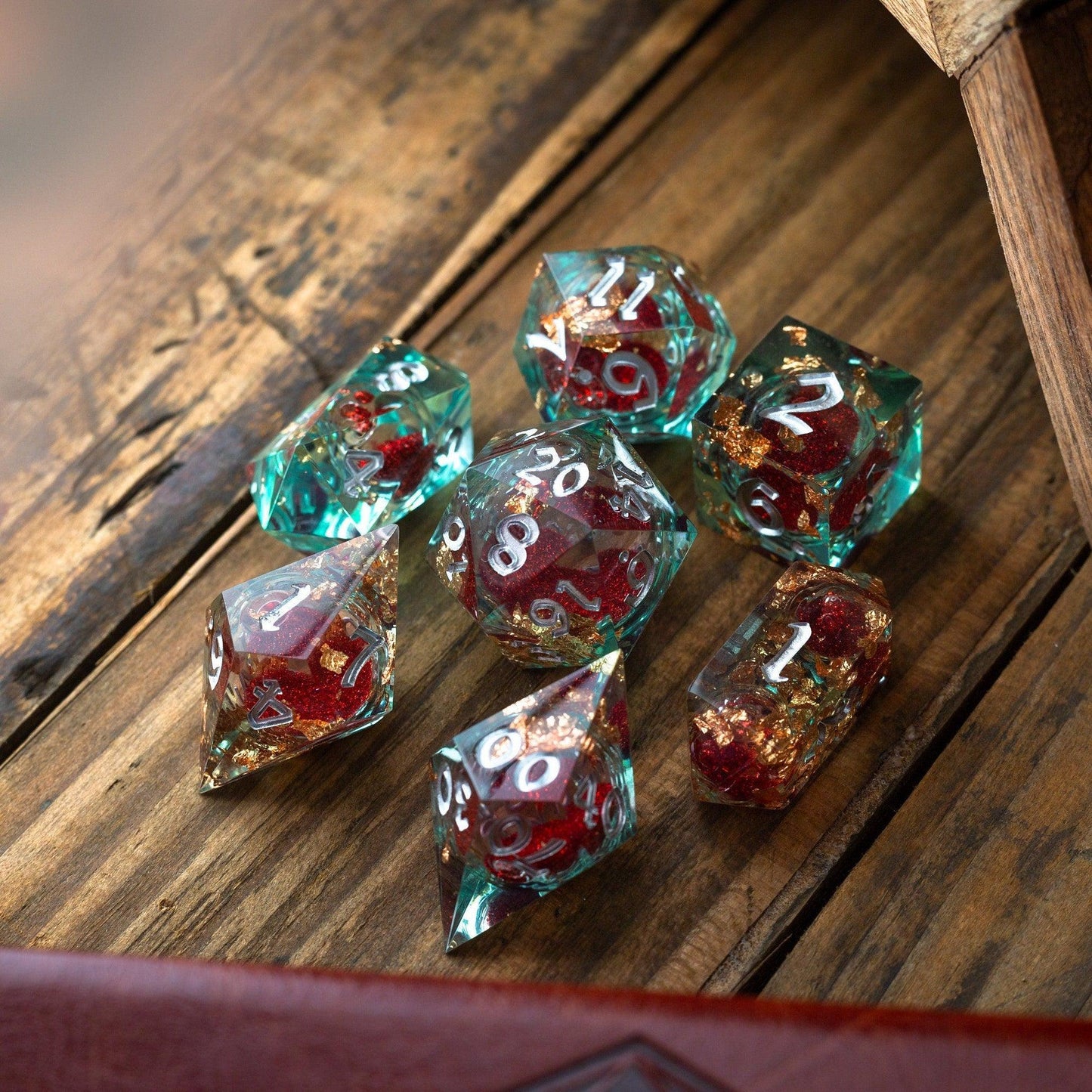 Handmade Resin Dice Set - Red And Gold Glitter Liquid Core