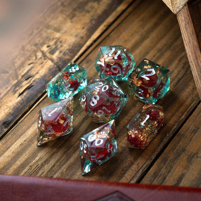 Handmade Resin Dice Set - Red And Gold Glitter Liquid Core