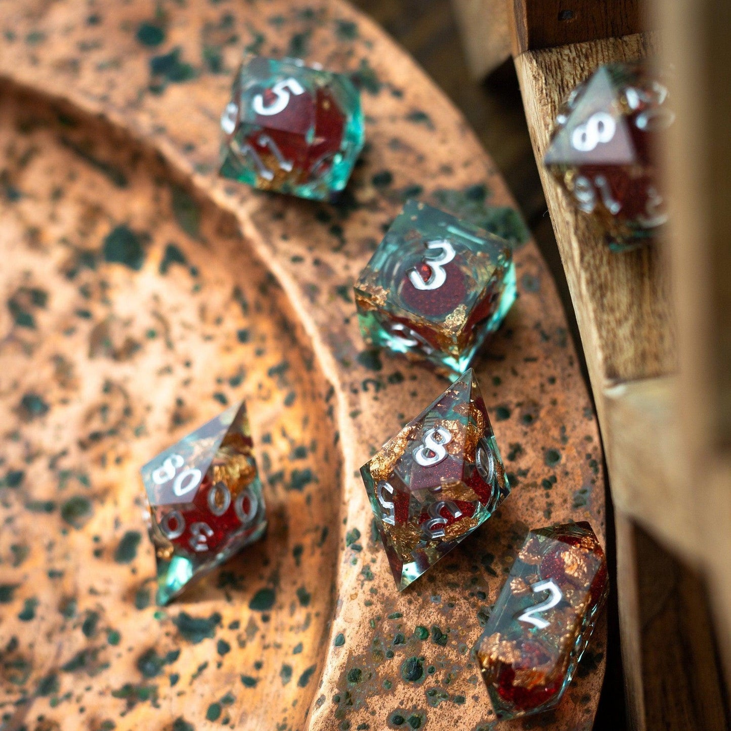Handmade Resin Dice Set - Red And Gold Glitter Liquid Core