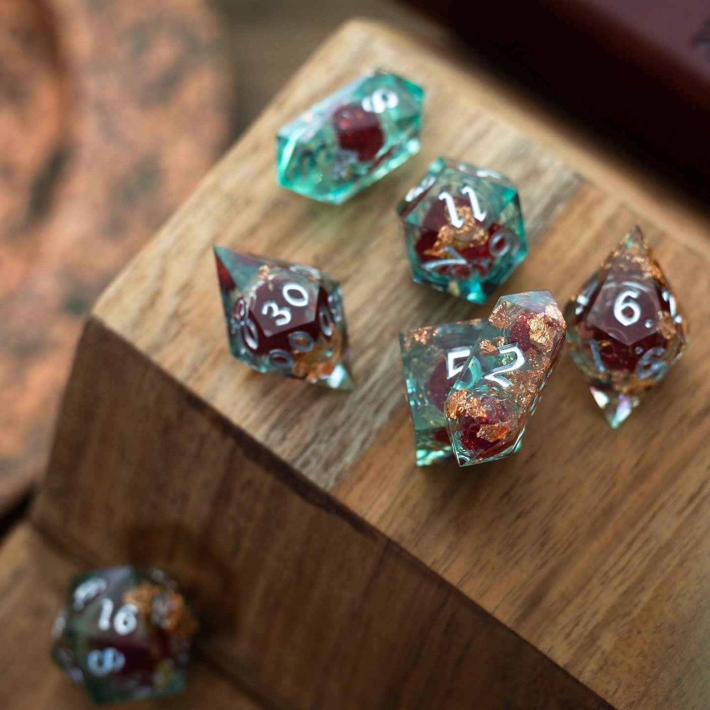 Handmade Resin Dice Set - Red And Gold Glitter Liquid Core