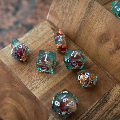 Handmade Resin Dice Set - Red And Gold Glitter Liquid Core