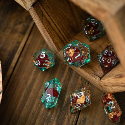 Handmade Resin Dice Set - Red And Gold Glitter Liquid Core