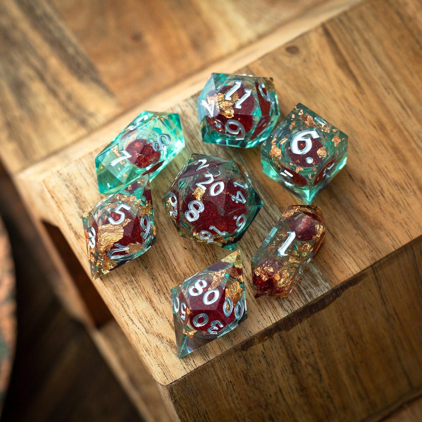 Handmade Resin Dice Set - Red And Gold Glitter Liquid Core
