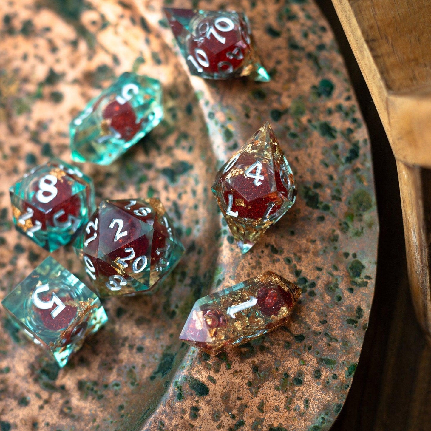 Handmade Resin Dice Set - Red And Gold Glitter Liquid Core