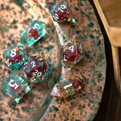 Handmade Resin Dice Set - Red And Gold Glitter Liquid Core