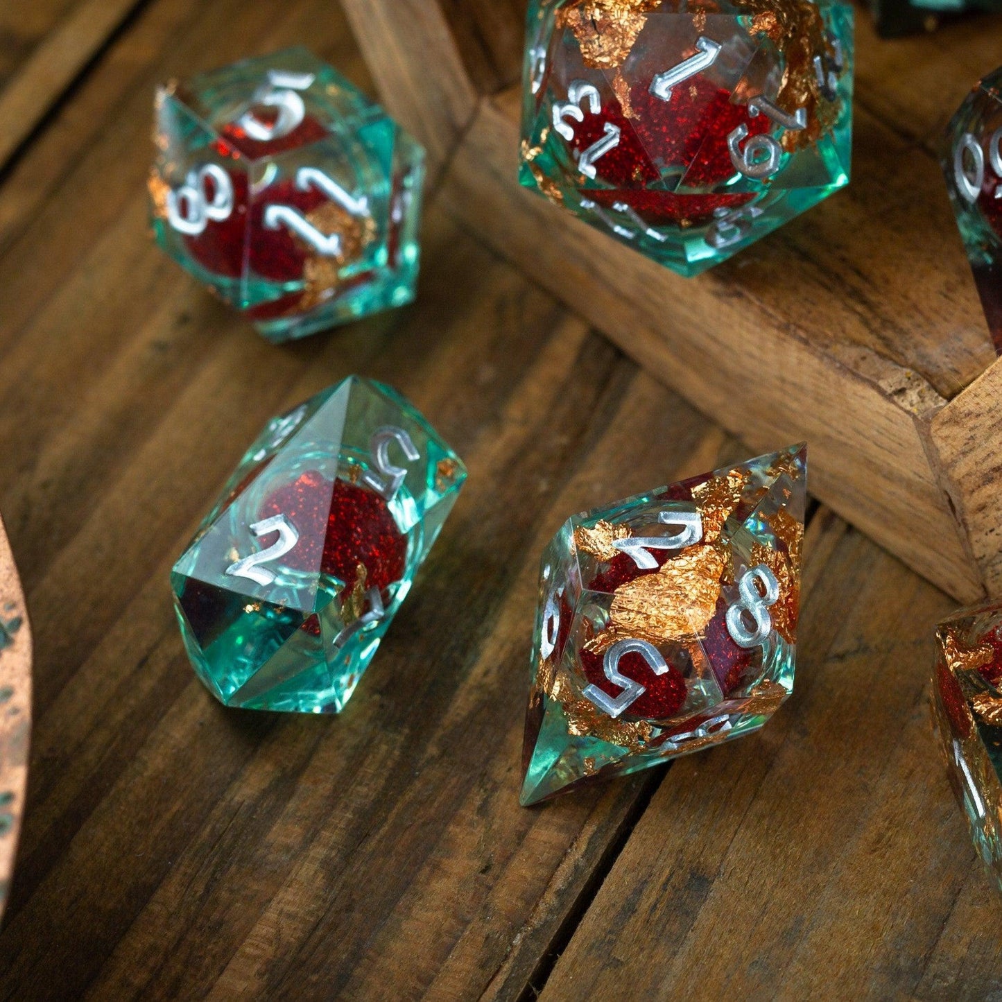 Handmade Resin Dice Set - Red And Gold Glitter Liquid Core