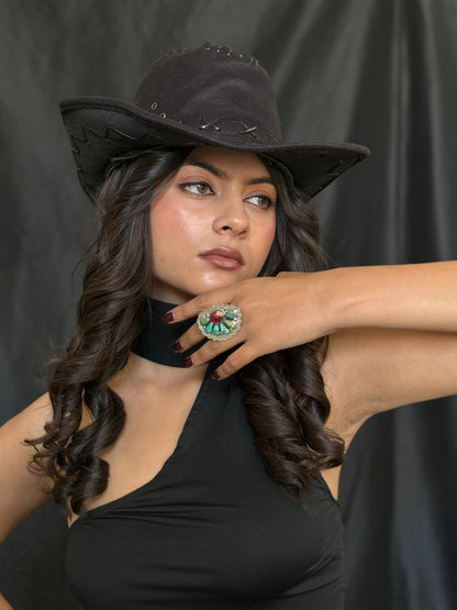 Handmade Sterling Silver Dahlia Rose With Emerald Valley Turquoise Ring "Signed Nizhoni"
