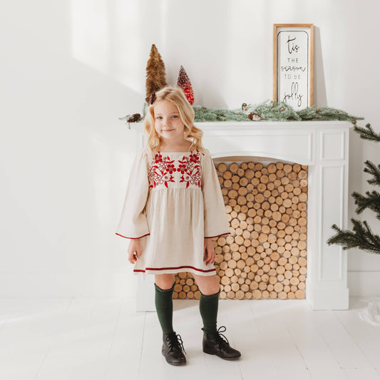 Natural, Linen-Blend, Hand-Embroidered Dress