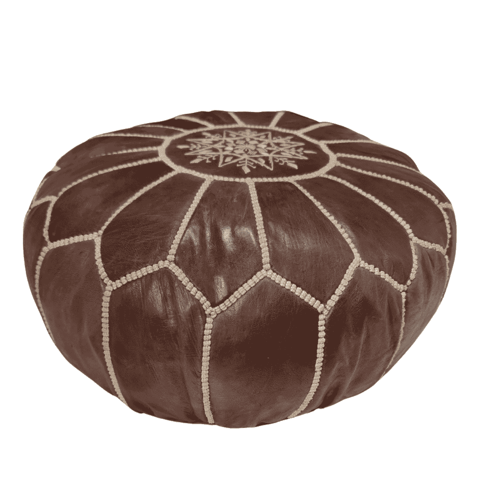 A hand-embroidered leather ottoman pouf in black with geometric patterns and a central floral design.