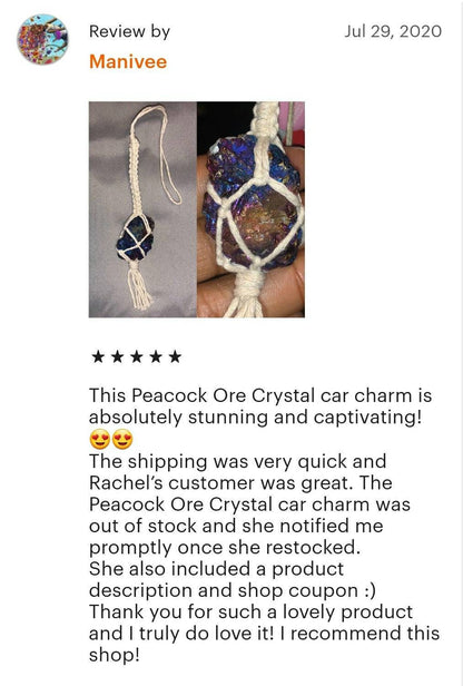 Macrame wrapped crystal rear view mirror charm.