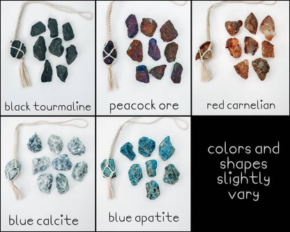 Macrame wrapped crystal rear view mirror charm.